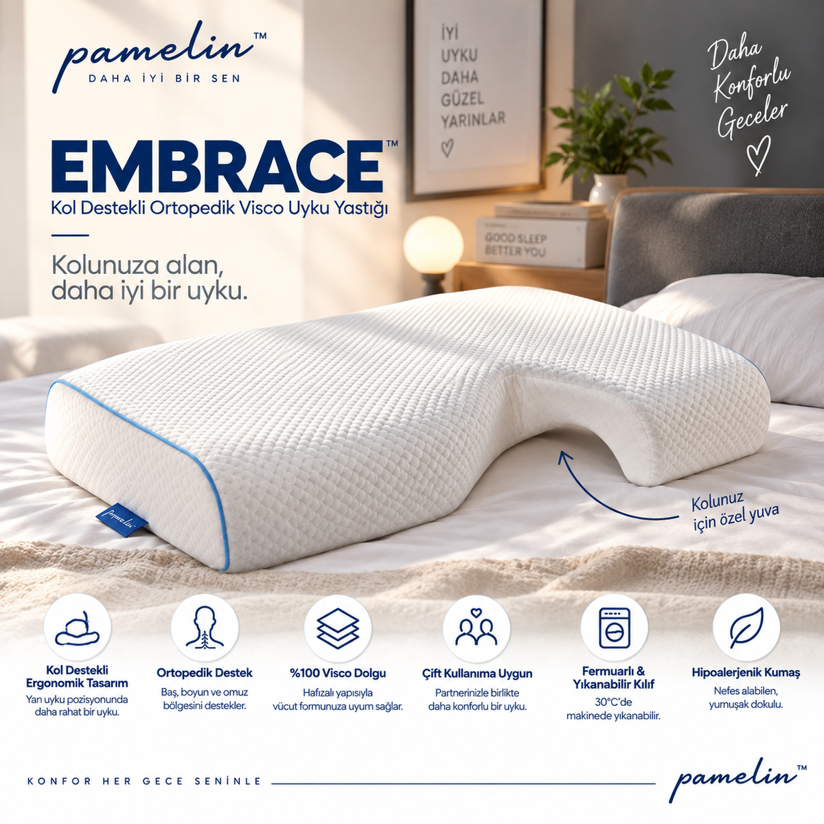 Pamelin™ EMBRACE Premium Kol Destekli Ortopedik Visco Uyku Yastığı