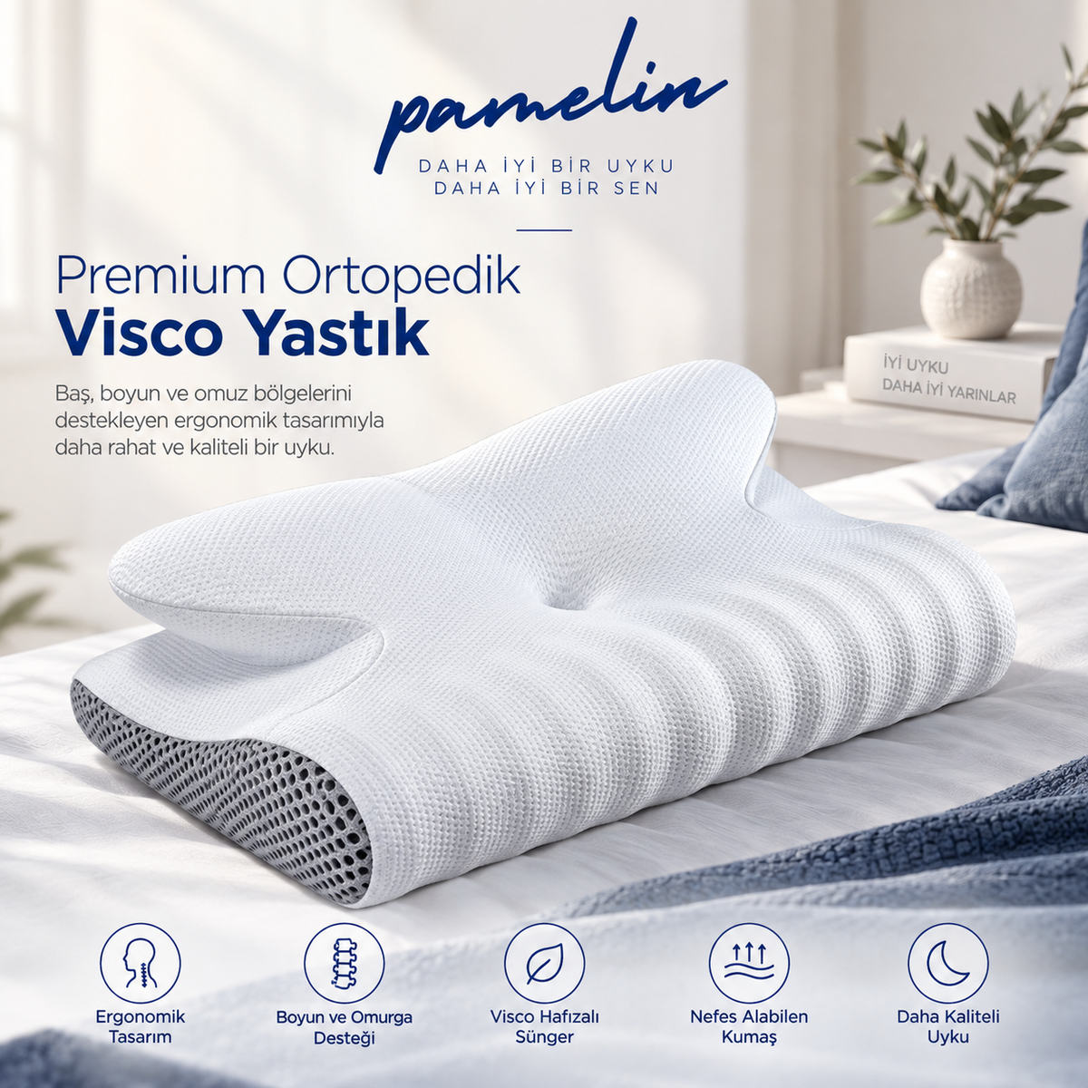 Pamelin™ Ortopedik 100% Visko Çift Taraflı Boyun Destekli